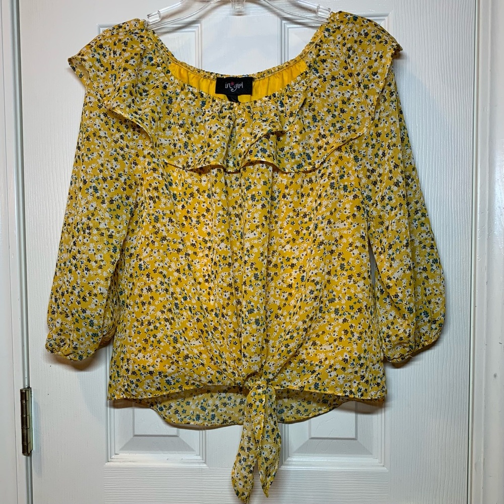 I.N. Girl Golden Yellow Floral Peasant Top, Girls 14,EUC